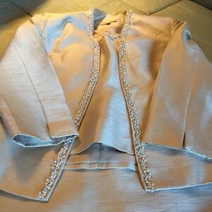 Beige Kasper 3 piece Suit, with white beads going down front of jacket- size 8